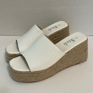 Sandal shoes woman’s 10 white jute espadrille slip on chunky platform wedge heel